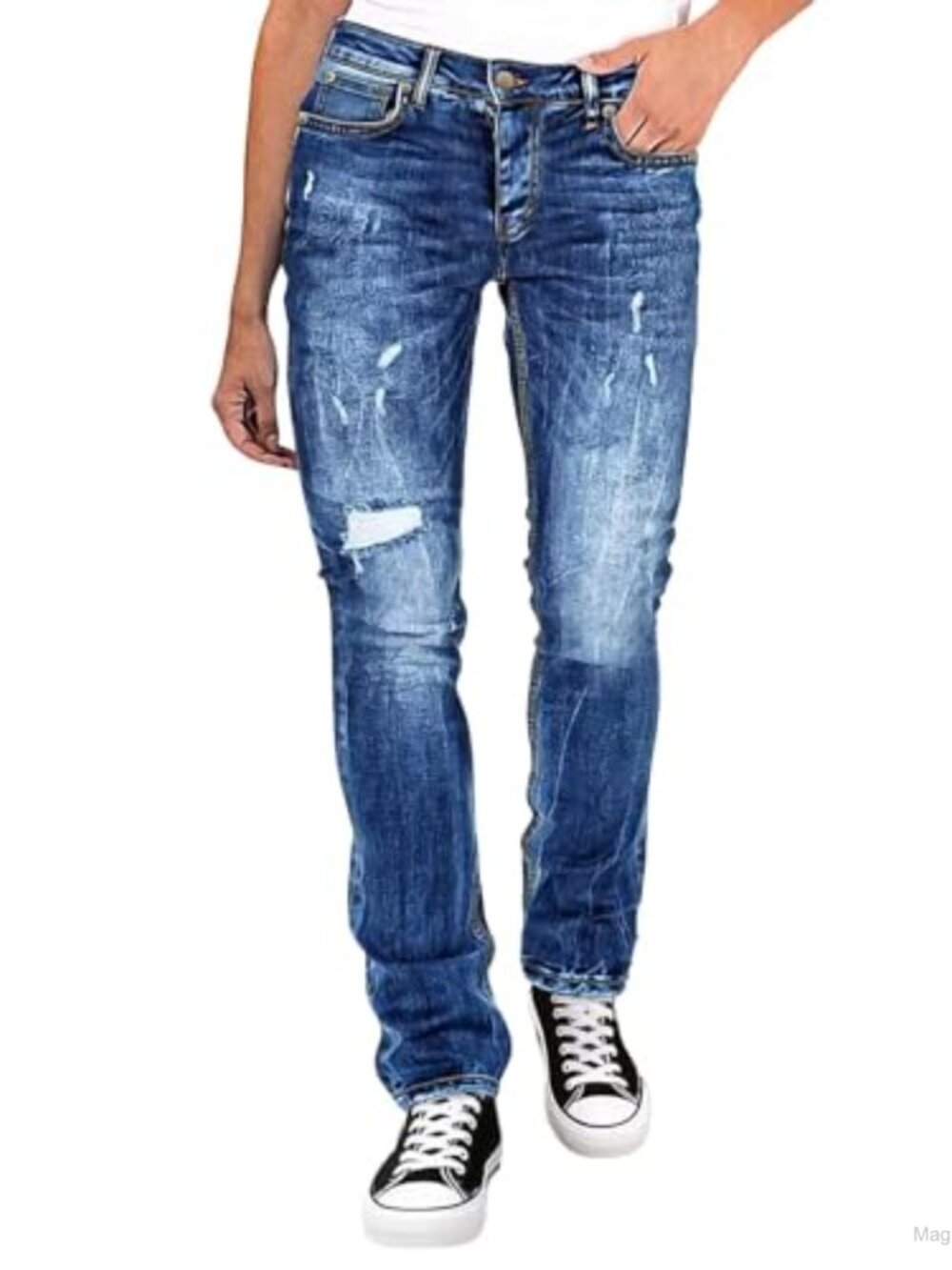 Mid Rise Ripped Straight Leg Jeans Stretch Denim Women Casual